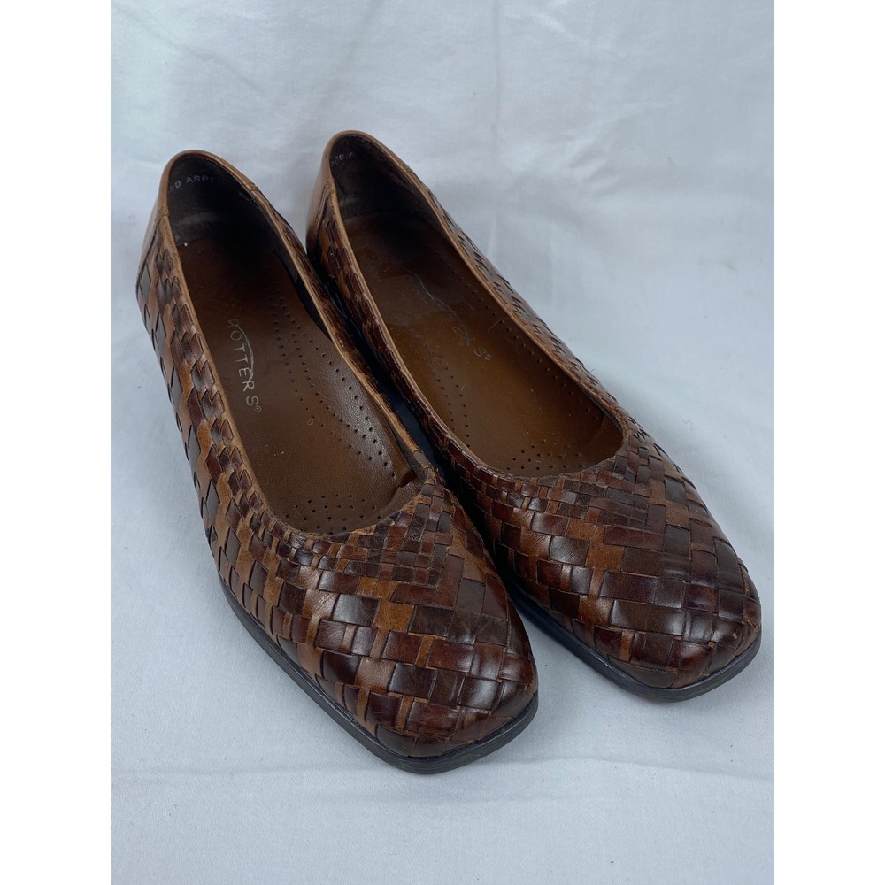 Trotters Aspen Brown Woven Leather Square Toe Block Heel Pumps Shoes 5.5 M